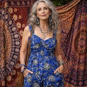 Band of the Free Wide Leg Jumpsuit Romper Womens XS Corset Floral Smocked Blue